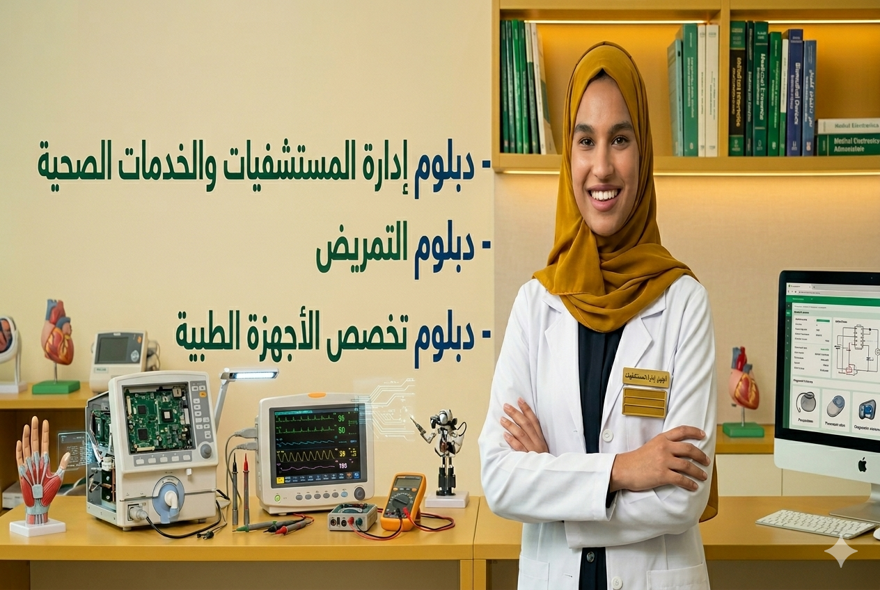 دبلوم ادارة المستفيات والخدمات الصحية وبعدها دبلوم التمريض وااخيرا دبلوم تخصص الأجهزة الطبية (2)